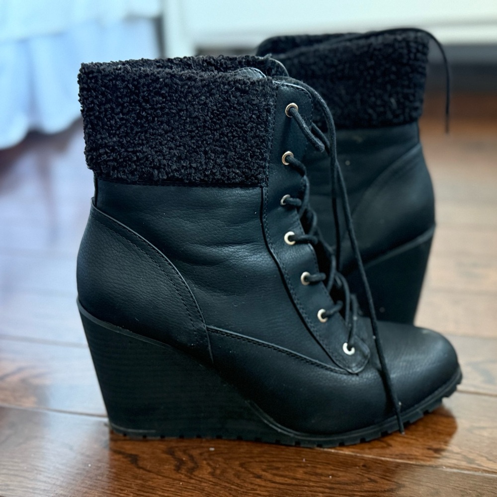 Call It Spring Black Lace Up Wedge Boots